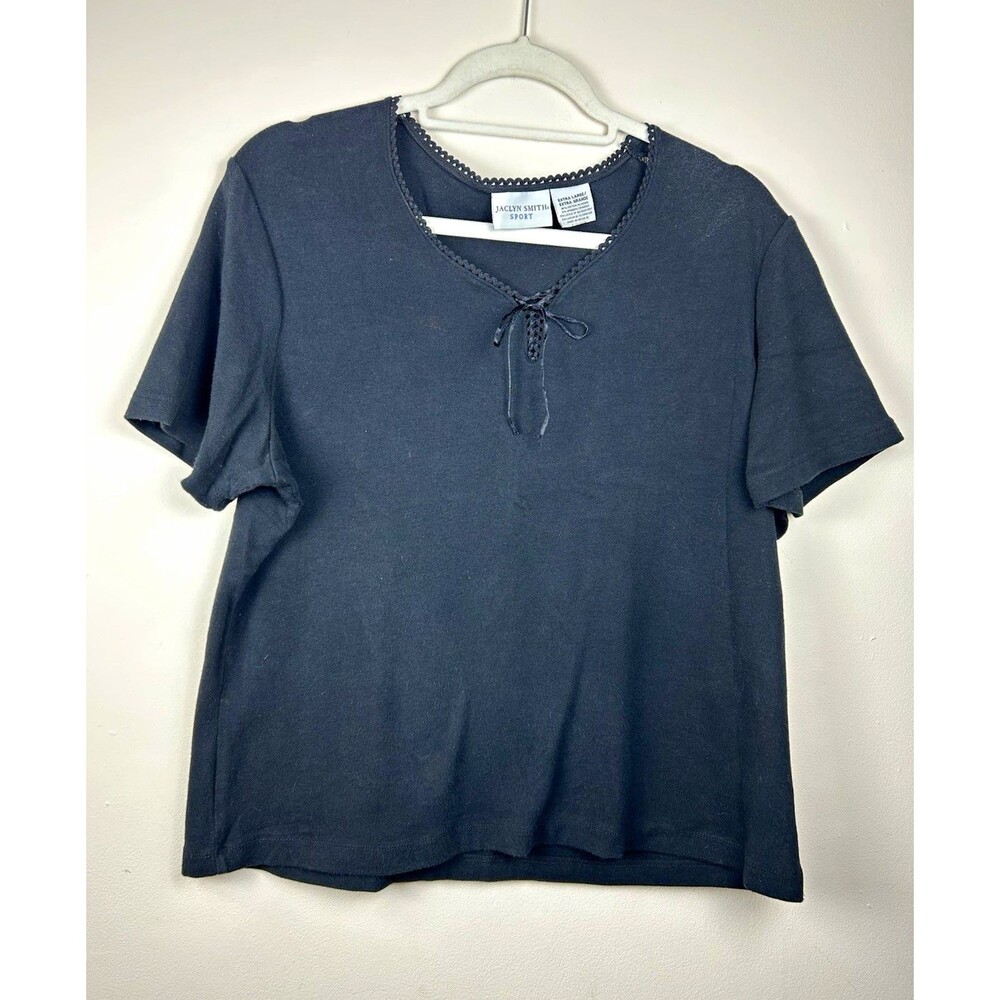 VTG XL Solid Black V-Neck Short Sleeve Knit Minimalist T-Shirt Y2K Grunge-fairy